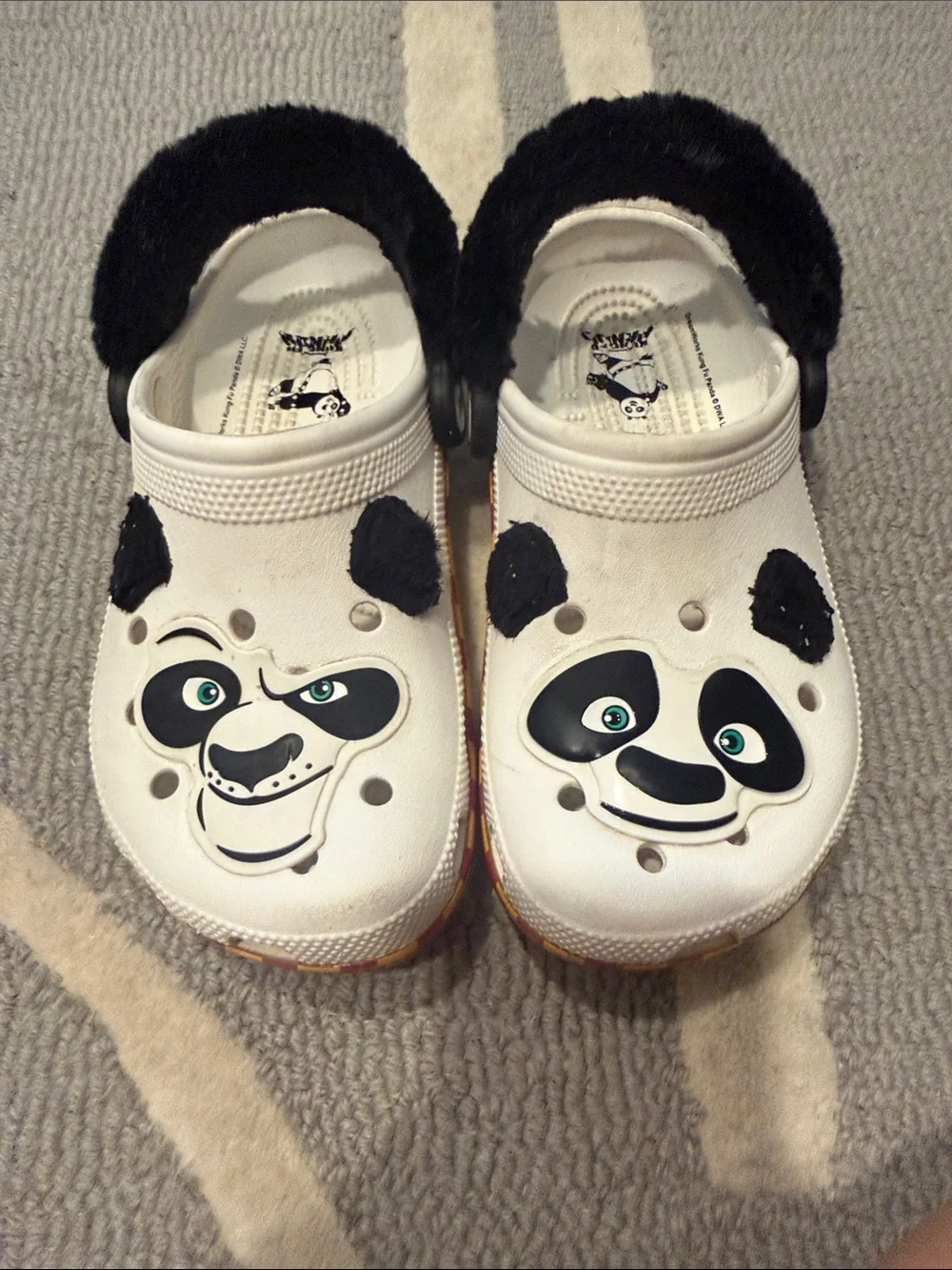 CROCS Kids White Kung Fu Panda Clogs with Black Faux-Fur Strap